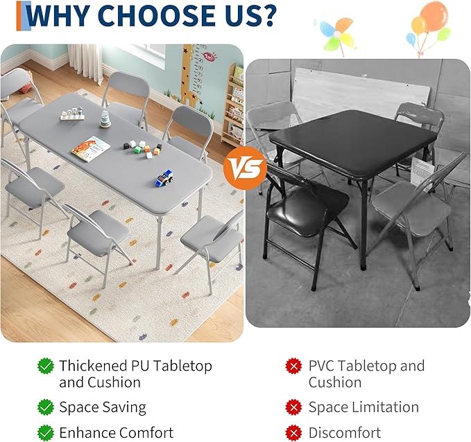 IDEALHOUSE 7 Piece Folding Kids Table and Chairs Set, Children Activity Table and Chairs Set for Dining Room,Daycare,Classrooms