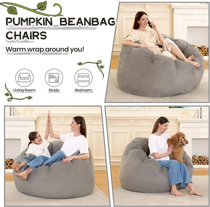 HABUTWAY Giant Bean Bag Chair for Adults/Kids/Teens, Pumpkin Bean Bag Couch Comfy Reading Chair for Bedroom, Corduroy Lazy Sofa Loughe Chair with Wider Seat Depth & Non-Slip Bottom(Grey)