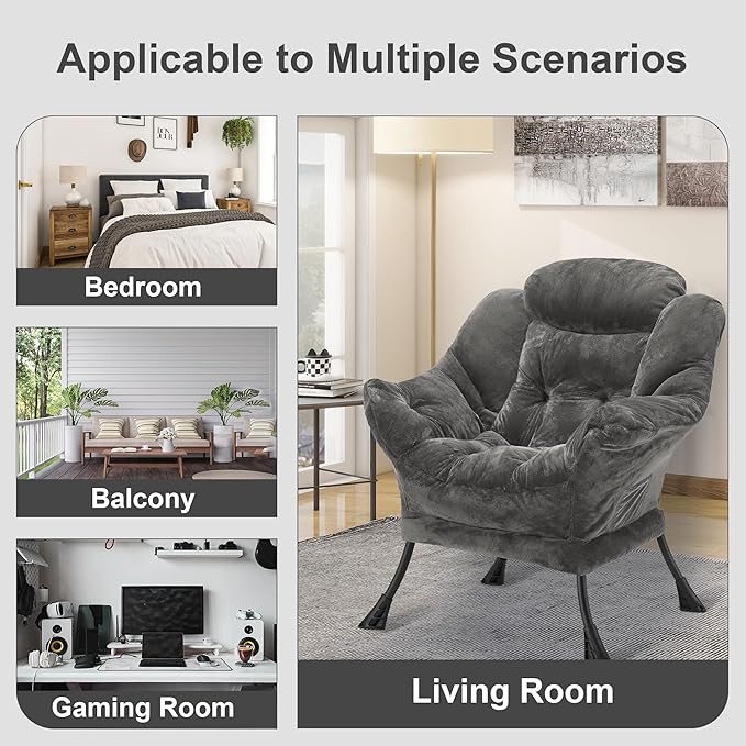 Fabric Lazy Chair for Adults, Oversized Upholstered Sofa Chair, Plush Comfy Lounge Chair with Large Side Storage Pocket, Thick Padded Reading Chair for Living Room, Bedroom, Office, Dark Gray