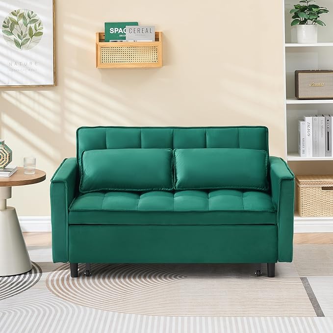Ball & Cast 55" Convertible Sofa Bed,3 in 1 Sleeper Sofa W/Pull-Out Bed,Convertible Pull Out Couch W/2 Pillows,Adjustable Backrest & Side Pocket,Velvet Futon Couches for Living Room,Apartment,Green