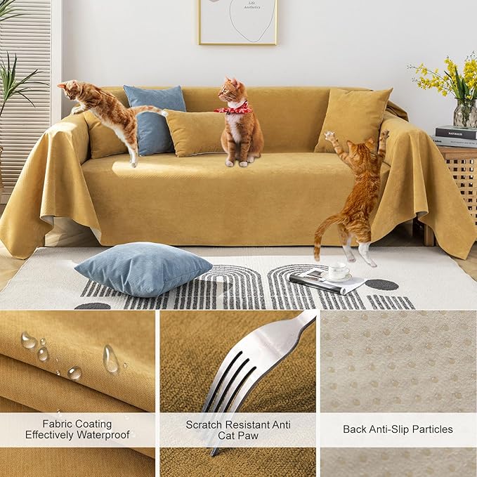 STACYPIK Waterproof Yellow Sofa Cover for Dogs, Non-Slip Anti-Scratch Couch Cover for Loveseat, Pet Protector for 2 Cushion Couch,L Shaped Couch for Sectional, Washable Furniture Bed Cover-71X118IN