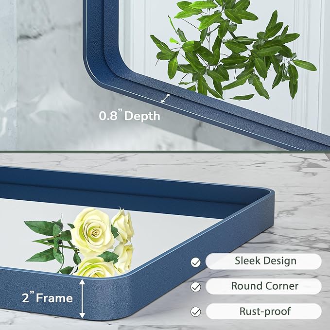 TokeShimi 48 x 24 Inch Wall Mirror Blue Bathroom Vanity Mirror with Metal Frame Aluminum Alloy Rounded Corner for Modern Farmhouse Wall Decor 1”Deep Set Design (Horizontal/Vertical)