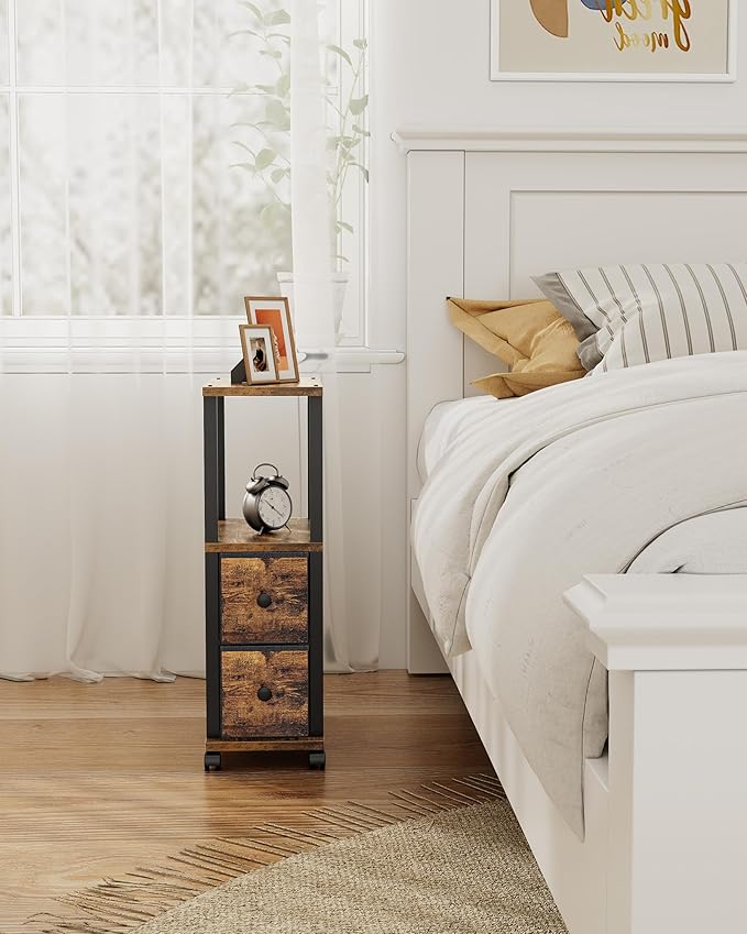 TUTOTAK Small Narrow End Tables, Side Tables with 2 Fabric Drawers, Set of 2, Bedside Tables with Charging Station for Small Spaces, Slim Nightstands with USB Ports and Wheels, TB01BB053C