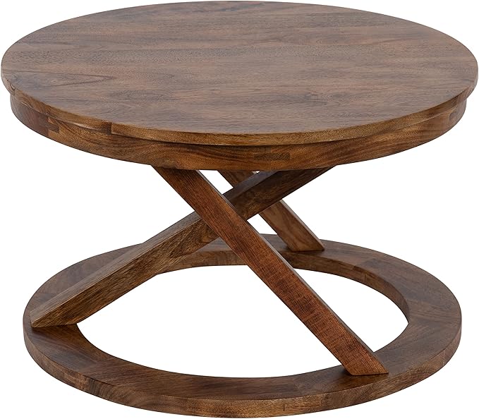Kate and Laurel Aja Bohemian Round Wood Coffee Table; 26 inch Diameter; Walnut Brown; Decorative Boho Modern Coffee Table for Hosting; Storage; and Display