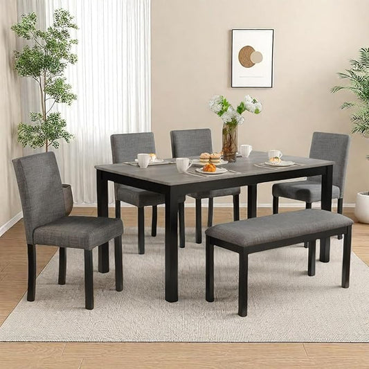 Dining Table Set for 5, 6-Piece Kitchen Table & Chairs Set with Rectangular Table, Bench & 4 Upholstered Chairs, 39'' Dinner Set with Wood Legs & Curved Backrest for Kitchen, Light Black