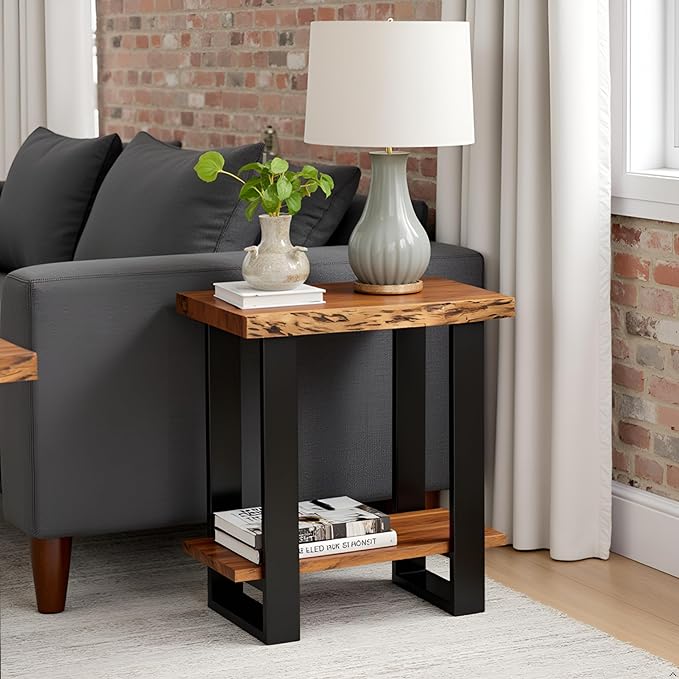 Alpine 2-Tier End Table with Live Edge Design – 27-Inch Solid Acacia Wood Industrial Side Table with Storage Shelf – Modern Nightstand or Accent Table for Living Room by Alaterre Furniture