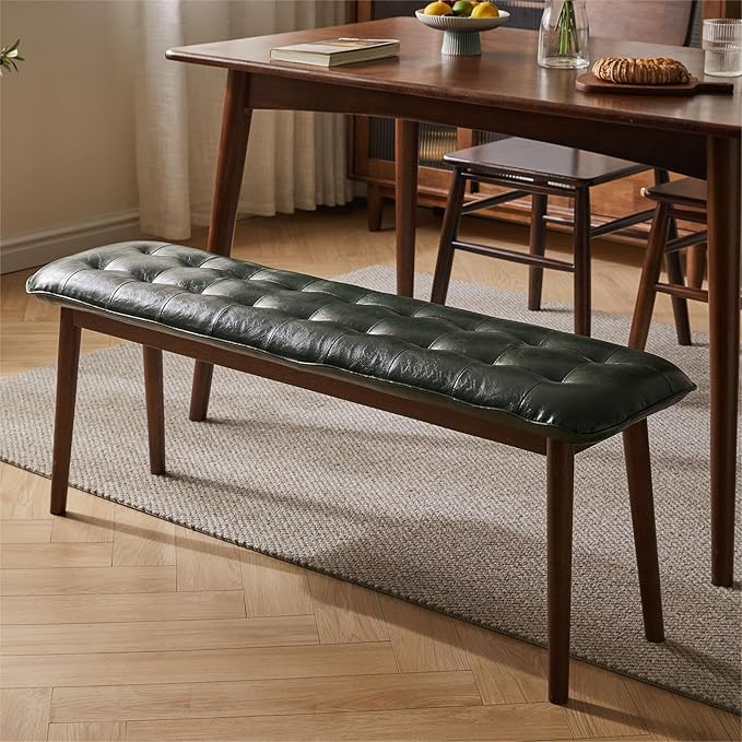 Entryway Bench, Solid Wood Dining Bench, Midcentury End of Bed Bench with PU Leather Padded Seat, Bedroom Bench, 47.24" L x 12.6" W x 17.72" H (Green)