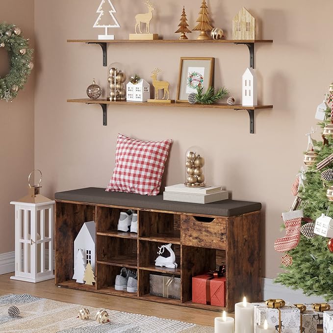 DINZI LVJ Shoe Bench, Entryway Storage Bench with Drawer and 11 Cubbies, Cubby Shoe Rack with Adjustable Shelves, Shoe Organizer Cabinet for Living Room, Mudroom, Closet and Garage, Rustic Brown