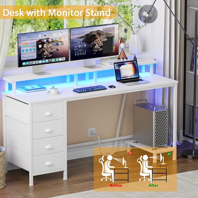 Furologee 55" White Computer Desk with 4 Fabric Drawers & Monitor Stand, Gaming Desk with Power Outlets - LED Lights, Home Office Space-Saving Study Table for Bedroom Small Spaces