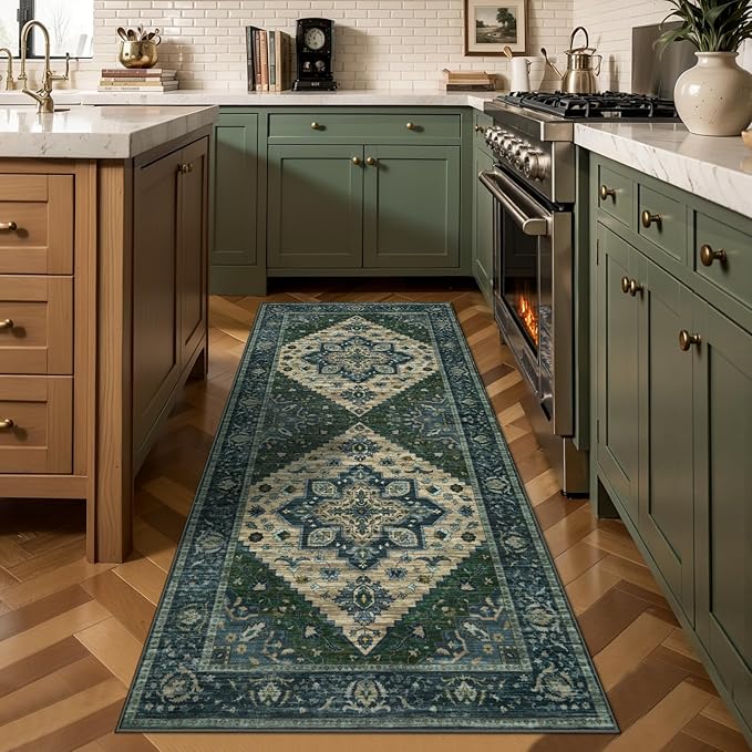 Tangsoo Washable Runner Rug, 2x6 Runner Rugs for Hallways, Non Slip Vintage Rug, Soft Low Pile Long Print Distressed Carpet Runners for Kitchen Bedroom Entryway Bathroom Living Room Green
