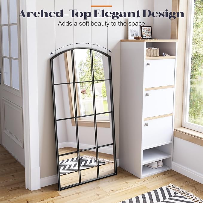 Arched Window Mirror, 24" x 48" Black Window Mirrors for Wall, Tall Farmhouse Grid Mirror for Living Room Bedroom Dining Room Fireplace Hallway Mantle Entryway