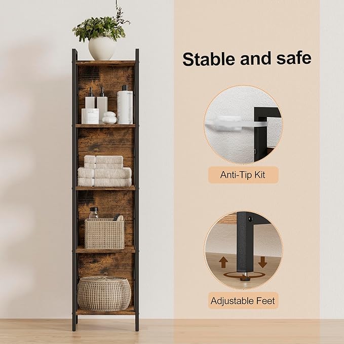 Homhedy 5 Tier Bookshelf Bookcase, Tall Narrow Bookshelf for Small Space, Metal Storage Shelves with Back Panel, for Home Office, Living Room, Kitchen, Bedroom, Industrial Style, Rustic Brown