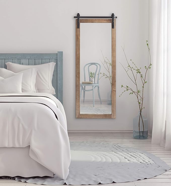 Kate and Laurel Cates Farmhouse Wood Framed Wall Mirror, 18 x 50, Rustic Brown, Barn Door-Inspired Rustic Mirrors for Wall