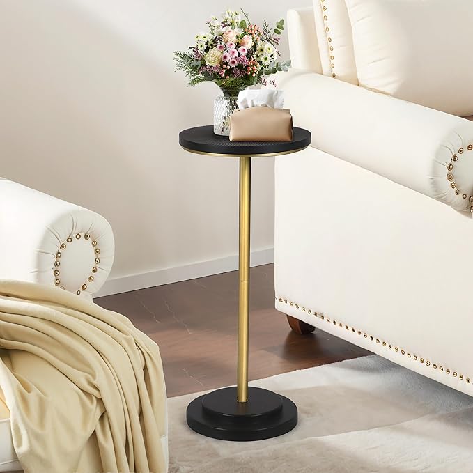 Drink Table Set of 2, Small Round Pedestal Side Table with Carved Top for Living Room, Bedroom, Small Space, Corners and Office, Gold and Black