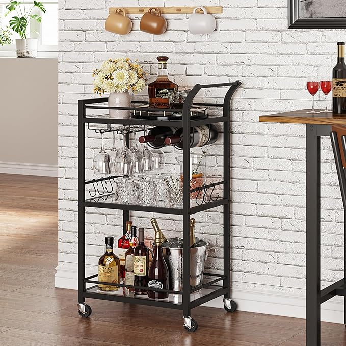 TUTOTAK Bar Cart, Home Bar Serving Cart with 3-Tier Mirrored Shelf, Mobile Kitchen Shelf, Rolling Beverage Cart, Black BC01BK034