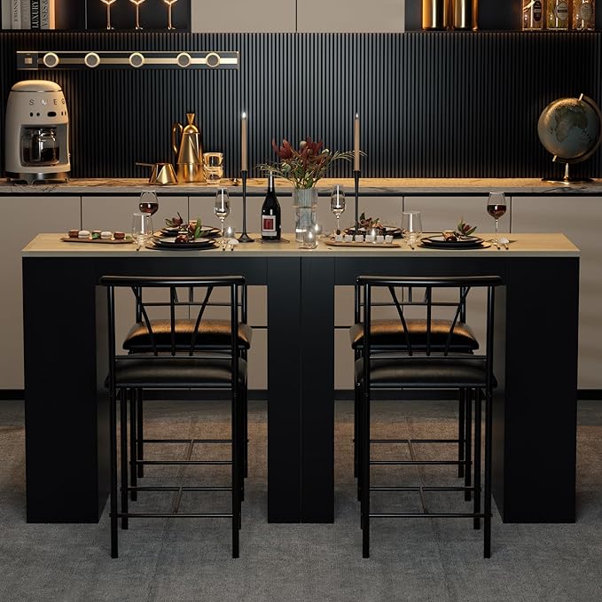 VECELO Small Bar Table and Chairs Tall Kitchen Breakfast Nook with Stools/Dining Set for 2, Storage Shelves, Space-Saving, Gray