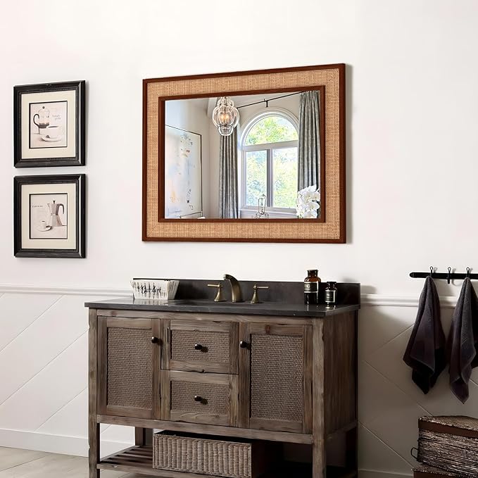 Rattan Wall Mirror with Wooden Framed 24 X 32 inch Farmhouse Rectangle Wood Mirror for Modern Decorative Bathroom, Living Room, Entryway, Bedroom (Walnut)