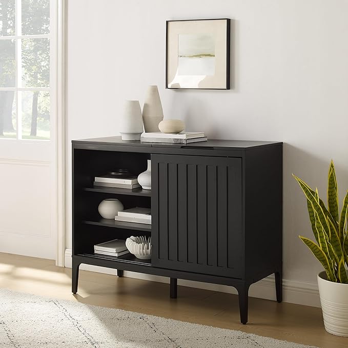 Crosley Furniture Asher Media Console and Record Player Stand with Storage for Vinyl Records, Matte Black