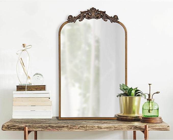 Kate and Laurel Arendahl Ornate Traditional Arch Mirror; 36 x 29; Gold; Decorative Baroque Style Arched Vintage Gold Mirror with Wide Frame and Ornamental Crown