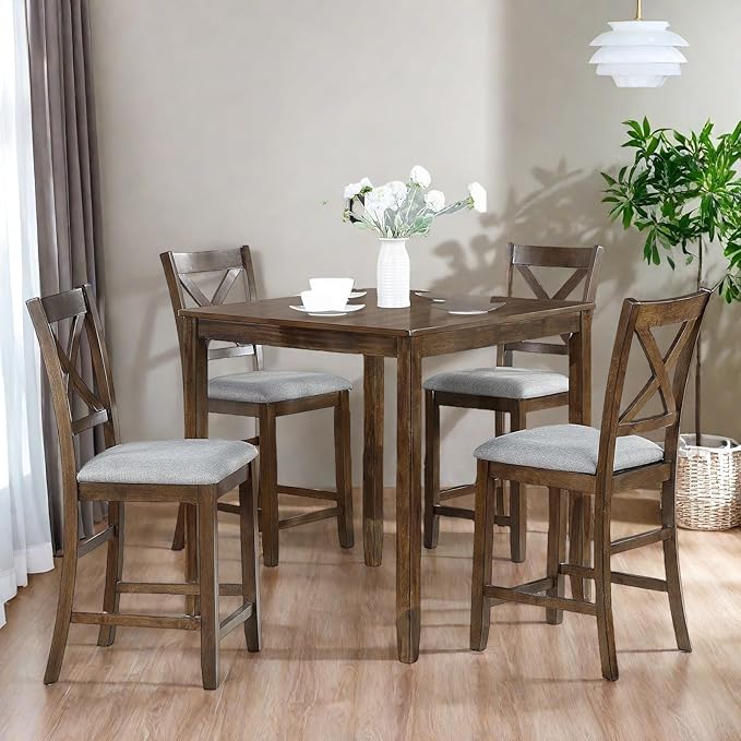Dining Table Set for 4, Modern 5 Piece Dining Room Table Set with Square Table & 4 X-Shaped Backrest Upholstered Chairs, Counter Height Kitchen Chairs Set for Small Space, Walnut