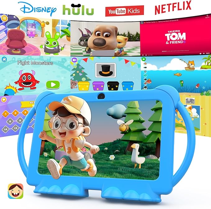 Kids Tablet 7 inch Android 12.0 for Toddler, 4GB RAM 32GB ROM Bluetooth IPS Screen Parental Control Dual Camera Shockproof Case for Educational Games, (1PCS, Blue)