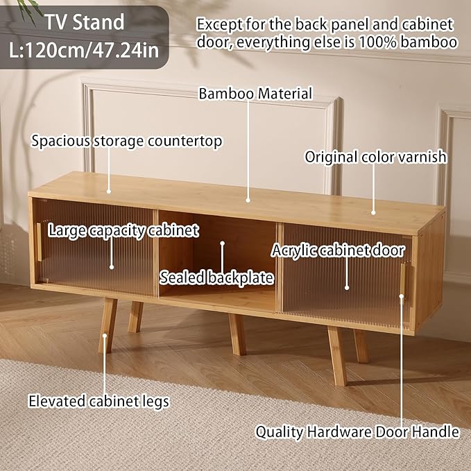 Bamboo TV Stand Entertainment Center- Mid-Century Modern Television Stand for 50 inch TVs, Bamboo Media Console Table, Open Storage Shelves for Living Room, Bedroom and Home Decor