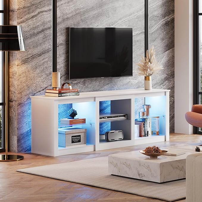 WLIVE TV Stand for 55/65/75 Inch TV, Modern Entertainment Center with LED Lights & Adjustable Glass Shelves, Sturdy Media Console for Living Room, Bedroom,Gaming (White)