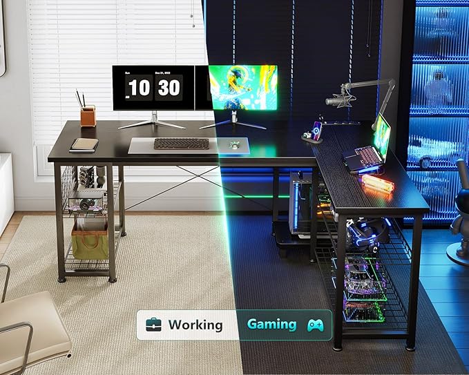 Casaottima 51 Inch L Shaped Gaming Desk with Shelves & Power Outlets, Reversible Computer Desk with Storage Shelves for Home Office, Black