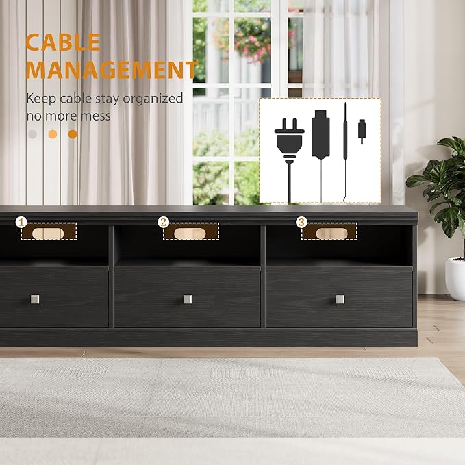 GarveeHome TV Stand for 65/70/75 Inch TV, Entertainment Center with Storage Drawer, Mid-Century Modern TV Console with Open Shelves, 70in Media TV Cabinet for Living Room, Bedroom (Black)
