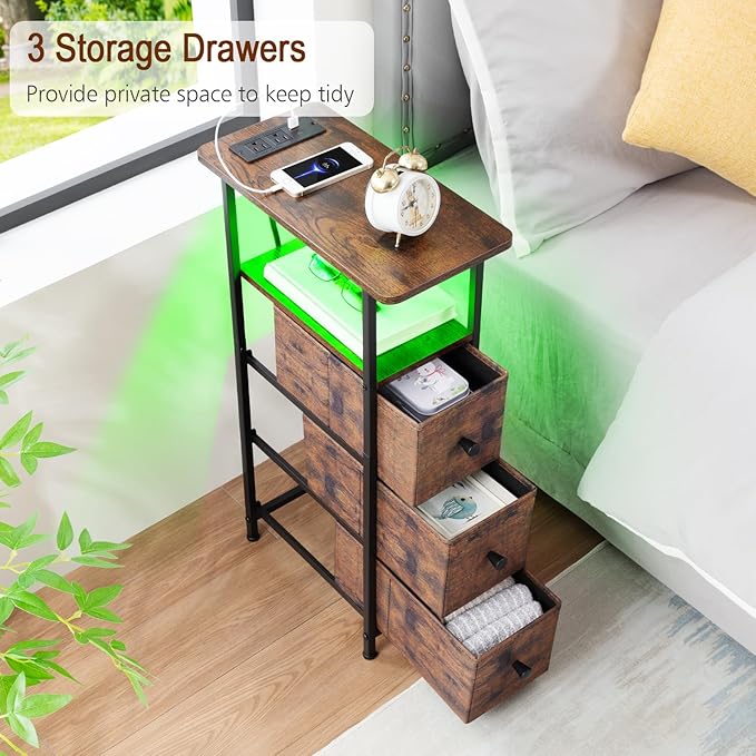 Narrow End Tables Living Room Set of 2 with Charging Station, Skinny Side Table with Fabric Drawers, Slim LED Nightstand for Bedroom, Small Spaces, Couch, Rustic Brown, HETNDP03LPBR