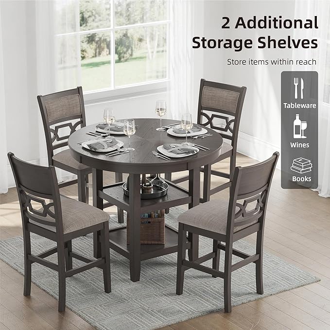 Signature Design by Ashley Wrenning Modern Diamond Patterned Counter Height Dining Table and 4 Upholstered Bar Stools with 2 Shelves, Set of 5, Gray & Light Gray