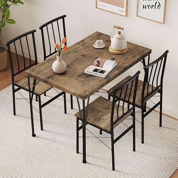 Vipbear Kitchen Dining Table Set for 4, 5-Piece Kitchen Table Set with 1.6“ Thick Tabletop,Dining Room Table Sets,Kitchen Table Set with 4 Chairs for Small Space, Dinette,Apartment,Retro Brown