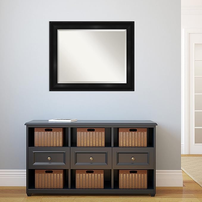 Amanti Art Black Bathroom Mirror for Over Sink, 28x34 Grand Black Rectangle Vanity Mirror, Large Casual Frame, Hangs Horizonally and Vertically, Bathroom Wall Decor, Beveled Edge