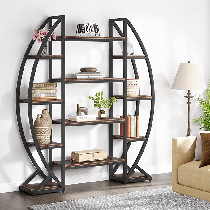 Tribesigns Oval Bookshelf, Triple Wide 5 Tier Etagere Bookcase, Industrial Display Shelves for Living Room (Brown, 55")