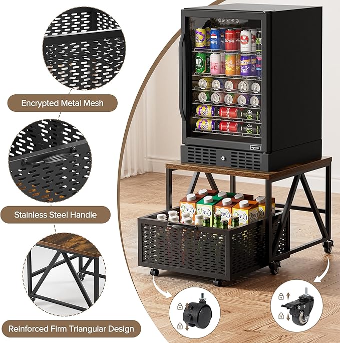 Urban Deco Mini Fridge Stand with Storage, Heavy Duty Fridge Cart with Drawer Basket, Mini Refrigerator Table for 220 LBS, Mobile Fridge Stand with Swivel Wheels for Dorm,Office,Home,Retro Brown