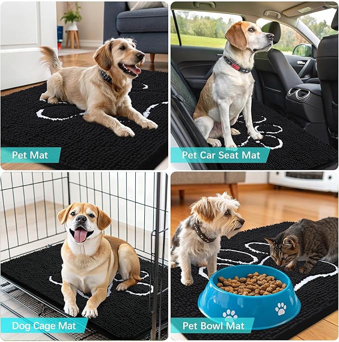 OLANLY Door Mat for Muddy Dog Paws 47x32, Ultra Absorbent Chenille Mud Doormat with Paw Print Design, Non-Slip Washable Doormat for Indoor Entryway, Quick-Dry Pet Bed Mats for Dirty Dogs, Black