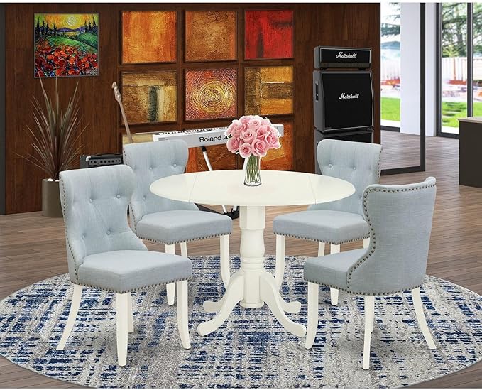 East West Furniture DLSI5-WHI-15 5 Piece Kitchen Table & Chairs Set Includes a Round Dining Room Table with Dropleaf and 4 Baby Blue Linen Fabric Parsons Chairs, 42x42 Inch, Linen White