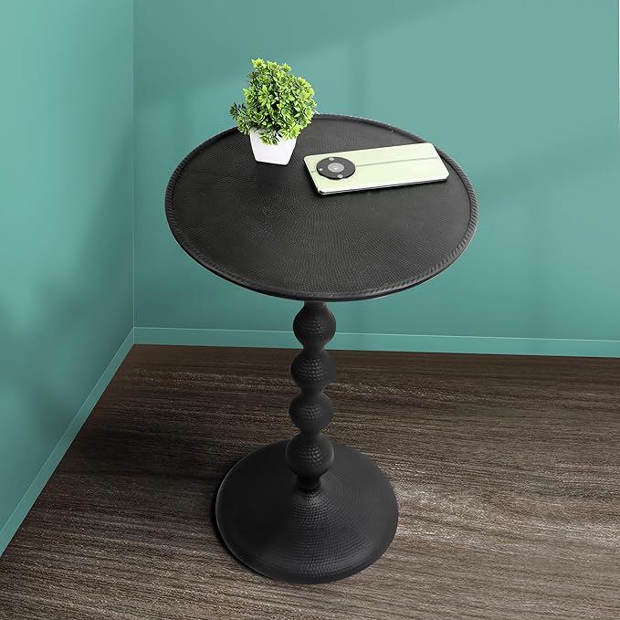 CLEENTABLE Pedestal Round Lightweight Metal Side Table - End Table for Living Room, Bedroom, Balcony - Hammered Top, Easy Assembly, Modern Minimalist Design 21" (Black)