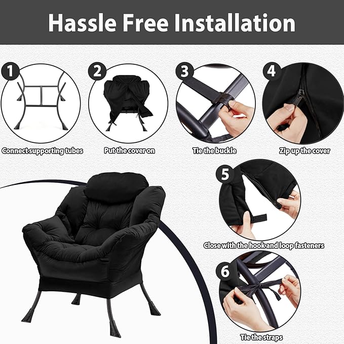 Lazy Chair Thick Padded, Comfy Velvet Accent Lounge Chair with Stable Frame, Leisure Sofa Armchair with Armrests and Side Pocket, Reading Chair for Bedroom, Living Room, Office, Black