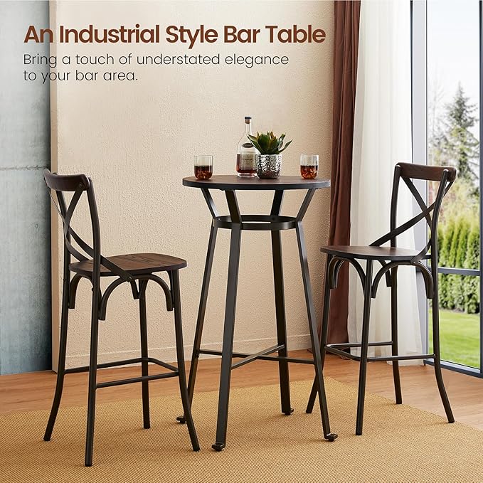 Glitzhome 41.25" H Rustic Steel Bar Table Round Solid Elm Wood Top Dining Room Pub Table Bistro Table