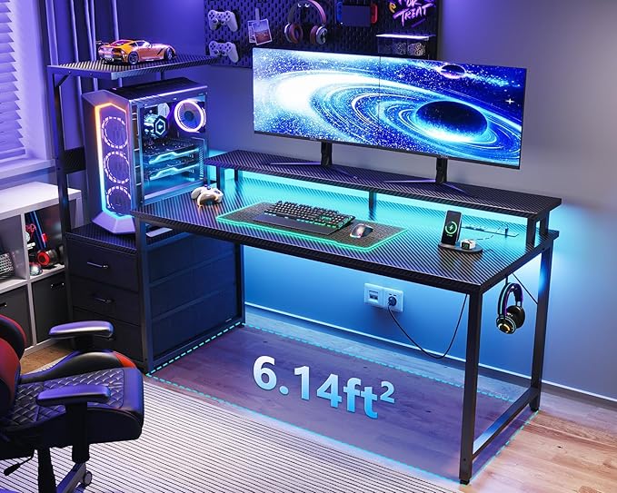 AODK 59 Inch Gaming Desk with USB Charging Ports & LED Light- Reversible Computer Desk with Storage Shelves & Monitor Stand, Modern Gamer Desk Table with Fabric Drawers & Side Hook, Carbon Fiber Black