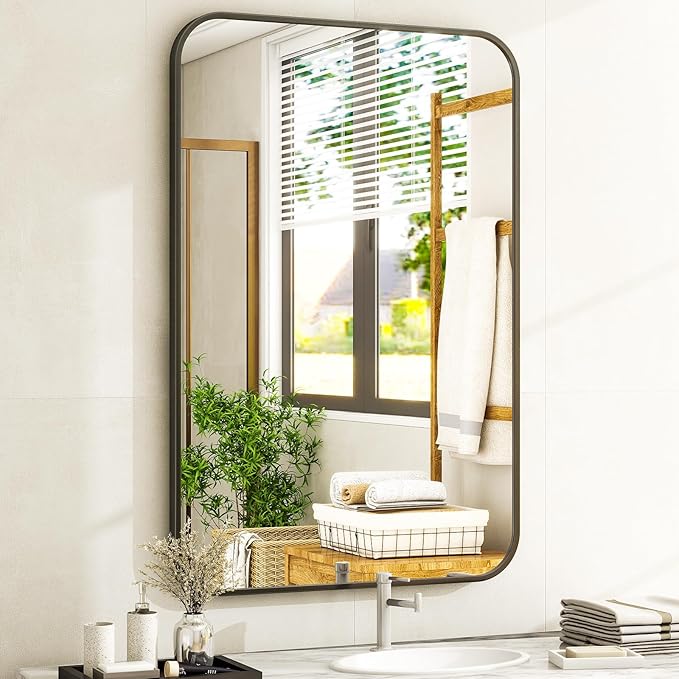 26 x 38 Inch Bathroom Mirror, Rounded Rectangular Vanity Mirror for Wall, Modern Mirror for Room Decor, Black Framed Wall-Mounted Mirrors for Home Decor, Hangs Horizontally or Vertically