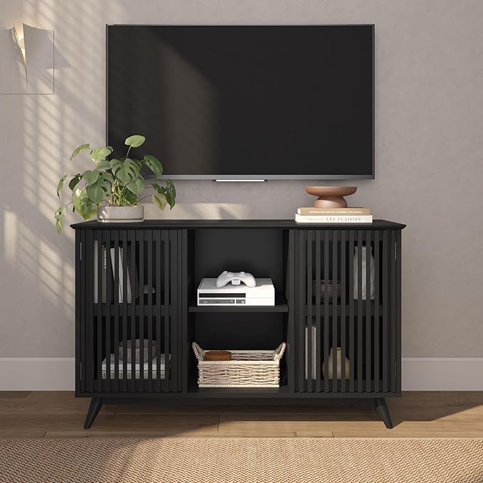 Plank+Beam Mid-Century Modern Wood TV Stand, Solid Wood Entertainment Console with Storage, 49" L x 16" W x 30" H, Black