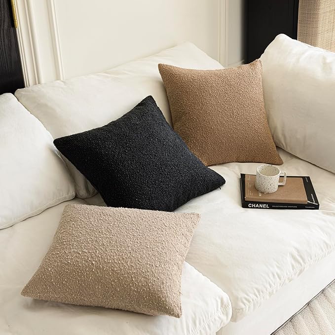 Foindtower Set of 2, Decorative Textured Boucle Throw Pillow Covers Accent Solid Pillow Cases Neutral Soft Cozy Couch Cushion Case for Chair Sofa Bedroom Living Room Home Decor 16 x 16 Inch Black