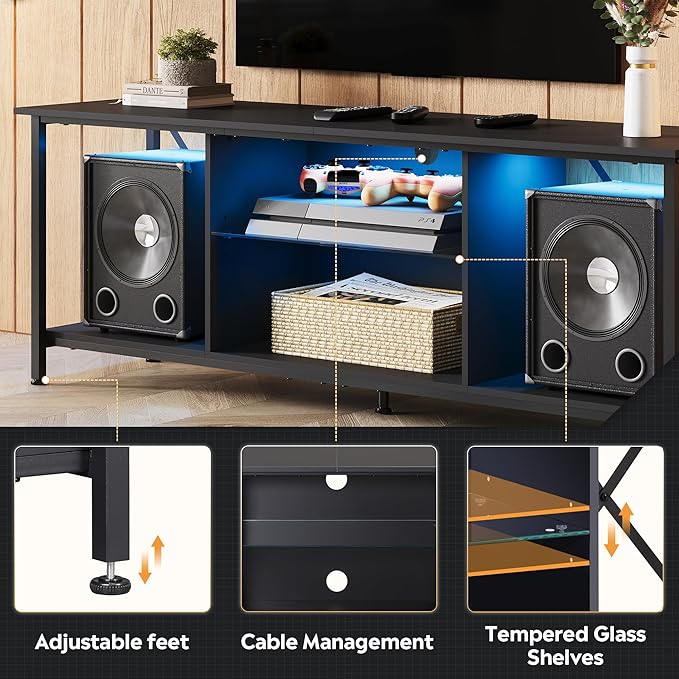 WLIVE TV Stand up to 65 Inch TV, 55" Entertainment Center with LED, Industrial TV Console with Glass Shelf for Living Room and Bedroom, Black