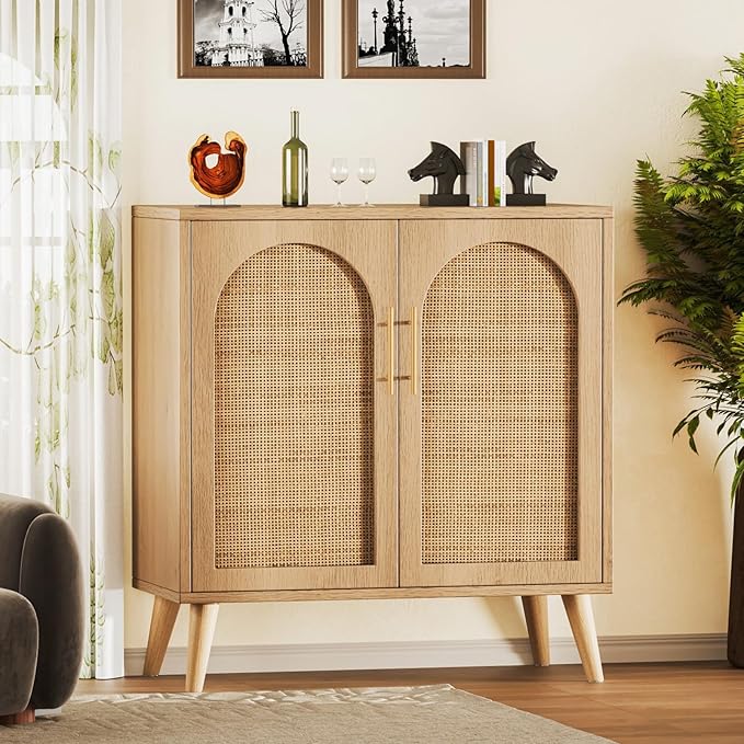 Rovaurx Rattan Storage Cabinet with Doors, Modern Accent Bathroom Floor Cabinet, Sideboard Buffet for Living Room, Entryway, Dining Room and Kitchen, Natural BMGZ108M