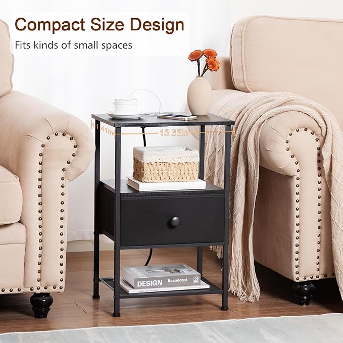 Night Stand Set 2, Black Nightstand with Charging Station, End Tables Living Room with Fabric Drawer for Small Spaces, Side Tables with Storage Shelf for Bedroom, HETS010BK