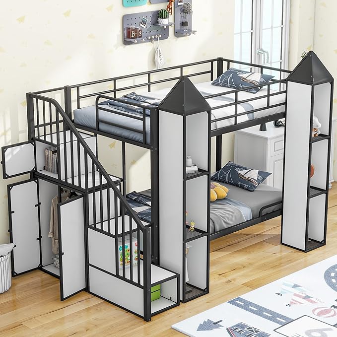 Twin Over Twin Castle-Shaped Bunk Bed with Wardrobe,Open Storage cabinets,a Storage Staircase and guardrails,Metal Stairway BunkBed for Kids Boys/Girls/Teens,Black+White