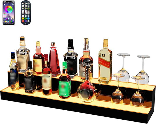 MESAlLUP Acrylic 40 Inch 2 Tier High Light LED Liquor Bottle Display Shelf with Remote Control, Mulit Color Lighting for Home Mini Bar, Restaurants & Party Use(Without Power Bank)