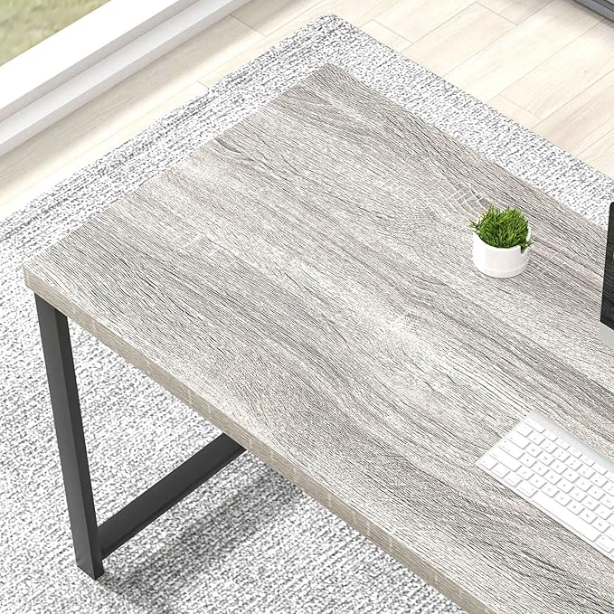 FOLUBAN Computer Desk, Modern Home Office Desk with Shelves, Wood Writing Study Gaming Table for Living Room Bedroom, Light Grey, 53 inch